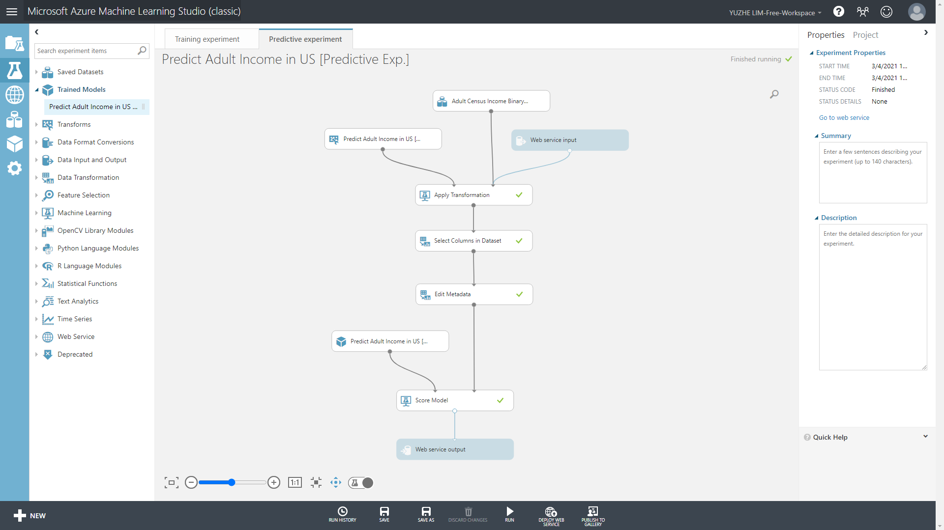 Two-Class Boosted Decision Tree model deployed in Azure ML Studio