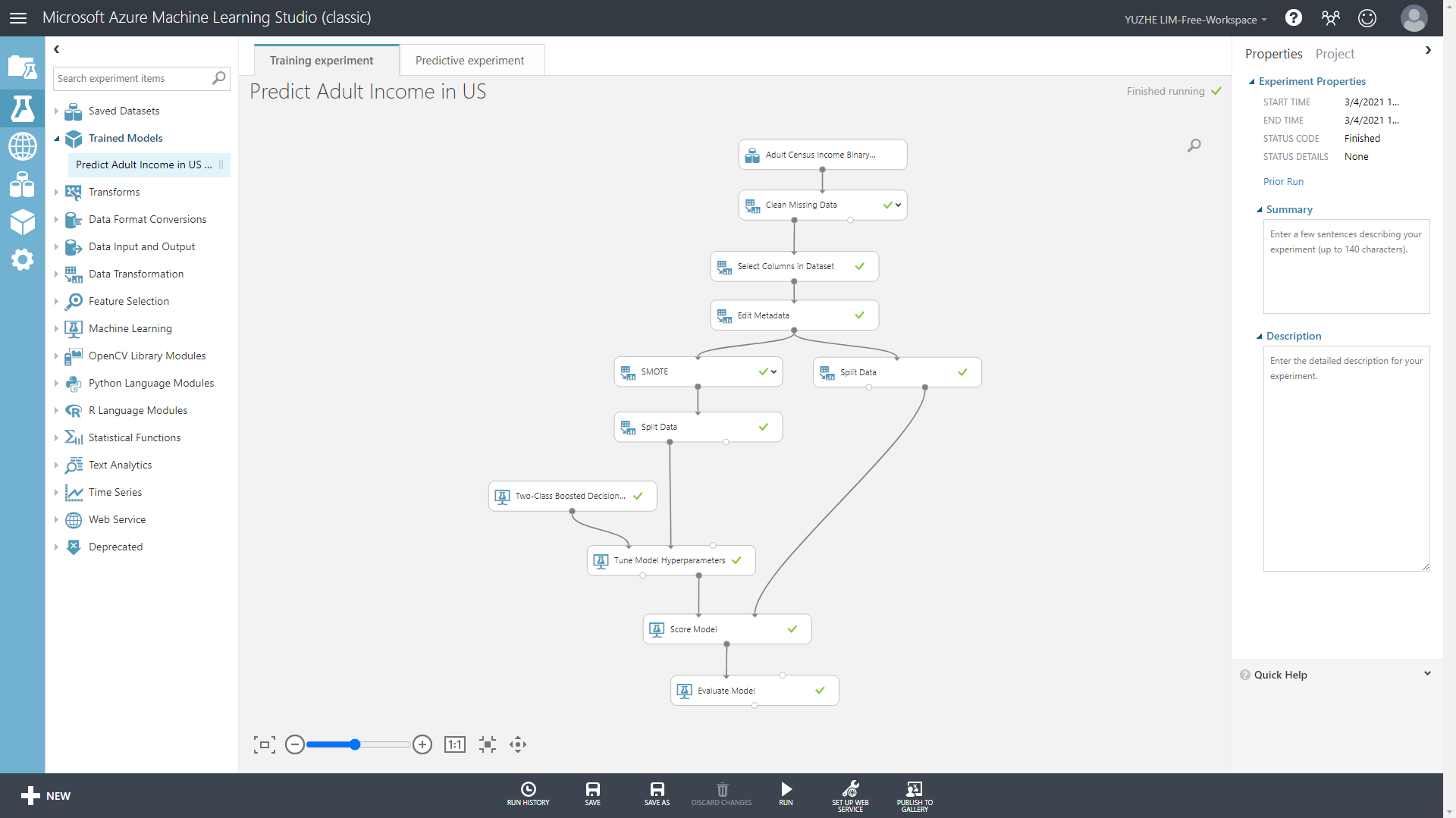 Two-Class Boosted Decision Tree training model implemented in Azure ML Studio
